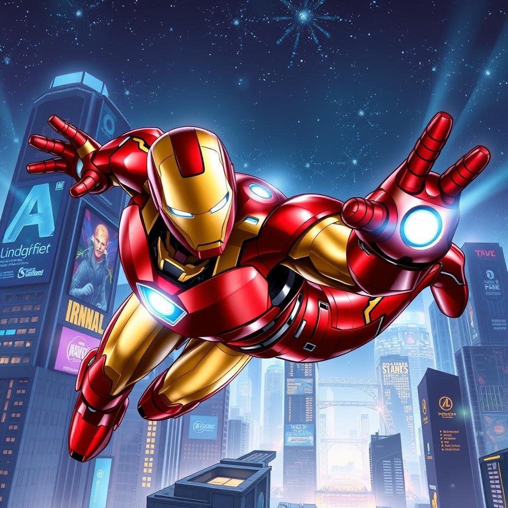 A highly detailed, dynamic illustration of Iron Man in his iconic red and gold suit, hovering above a futuristic cityscape with bright lights and a starry night sky