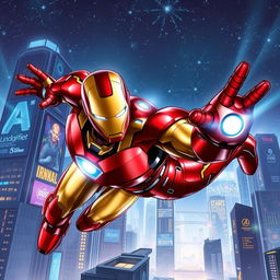 A highly detailed, dynamic illustration of Iron Man in his iconic red and gold suit, hovering above a futuristic cityscape with bright lights and a starry night sky