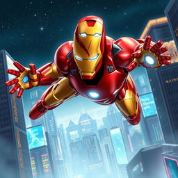 A highly detailed, dynamic illustration of Iron Man in his iconic red and gold suit, hovering above a futuristic cityscape with bright lights and a starry night sky