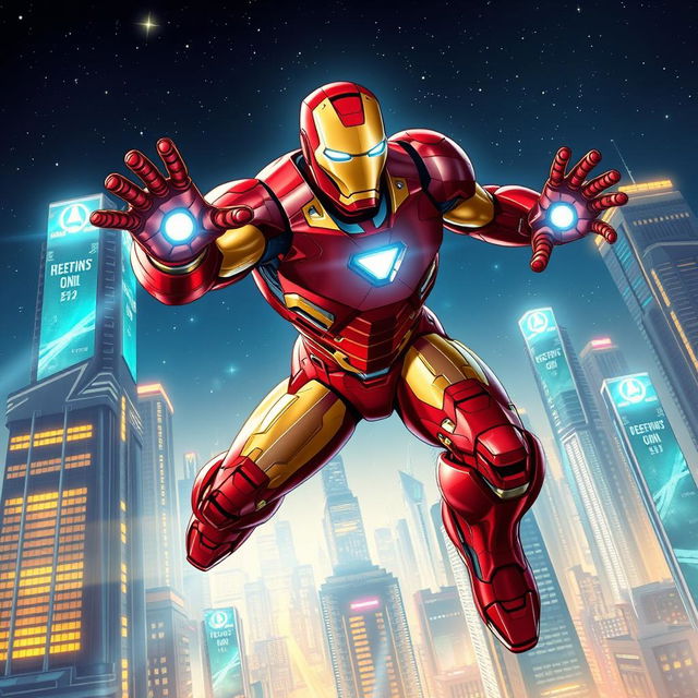 A highly detailed, dynamic illustration of Iron Man in his iconic red and gold suit, hovering above a futuristic cityscape with bright lights and a starry night sky