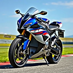 A sleek and powerful BMW S1000RR motorcycle, featuring its distinctive blue, white, and red color scheme