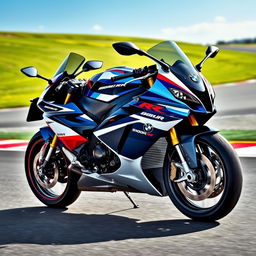 A sleek and powerful BMW S1000RR motorcycle, featuring its distinctive blue, white, and red color scheme