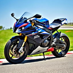 A sleek and powerful BMW S1000RR motorcycle, featuring its distinctive blue, white, and red color scheme