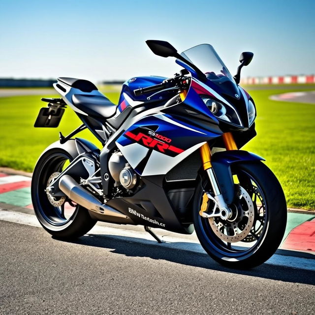 A sleek and powerful BMW S1000RR motorcycle, featuring its distinctive blue, white, and red color scheme