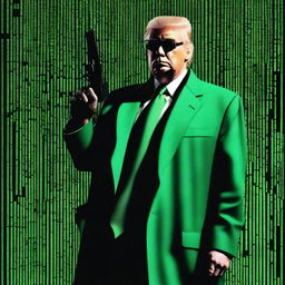 A top-quality, digital art image of Donald Trump in the style of an NFT, blending elements from The Matrix and James Bond 007