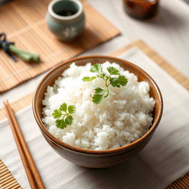 A visually appealing bowl of steaming white rice, served in a traditional Japanese bowl