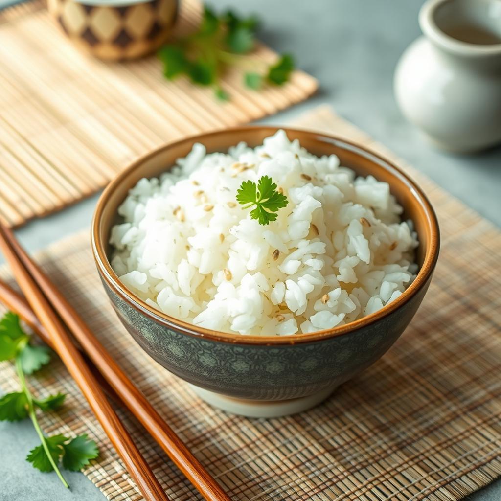 A visually appealing bowl of steaming white rice, served in a traditional Japanese bowl