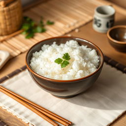A visually appealing bowl of steaming white rice, served in a traditional Japanese bowl