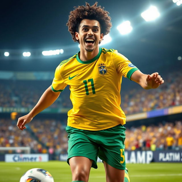 A dynamic and expressive portrait of a soccer player resembling a famous Brazilian football icon, showcasing an incredible skillful dribble on the field