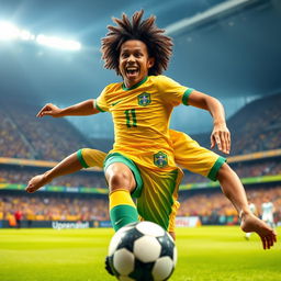 A dynamic and expressive portrait of a soccer player resembling a famous Brazilian football icon, showcasing an incredible skillful dribble on the field