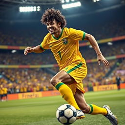 A dynamic and expressive portrait of a soccer player resembling a famous Brazilian football icon, showcasing an incredible skillful dribble on the field