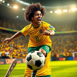A dynamic and expressive portrait of a soccer player resembling a famous Brazilian football icon, showcasing an incredible skillful dribble on the field