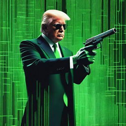 A top-quality, digital art image of Donald Trump in the style of an NFT, blending elements from The Matrix and James Bond 007