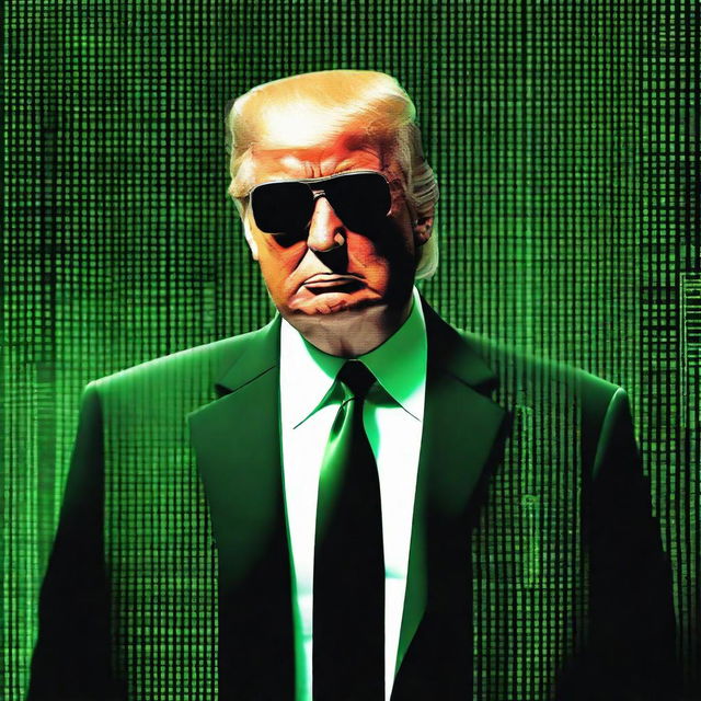 An exceptional quality, digital art image of Donald Trump in the style of an NFT, combining elements from The Matrix and a B2 pilot theme