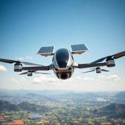 A futuristic drone equipped with solar panels, soaring high above a picturesque landscape
