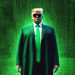 An exceptional quality, digital art image of Donald Trump in the style of an NFT, combining elements from The Matrix and a B2 pilot theme