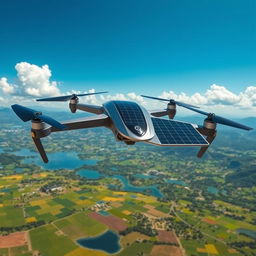 A futuristic drone equipped with solar panels, soaring high above a picturesque landscape