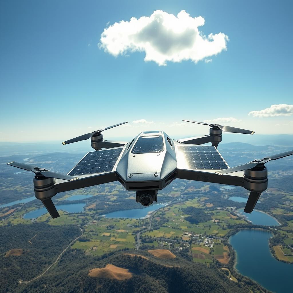 A futuristic drone equipped with solar panels, soaring high above a picturesque landscape