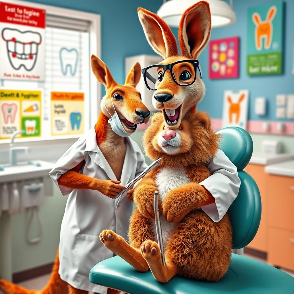 A kangaroo dressed as a dentist standing in a dental office, equipped with dental tools and a bright smile, interacting with a lion dressed as a rabbit sitting on the dental chair