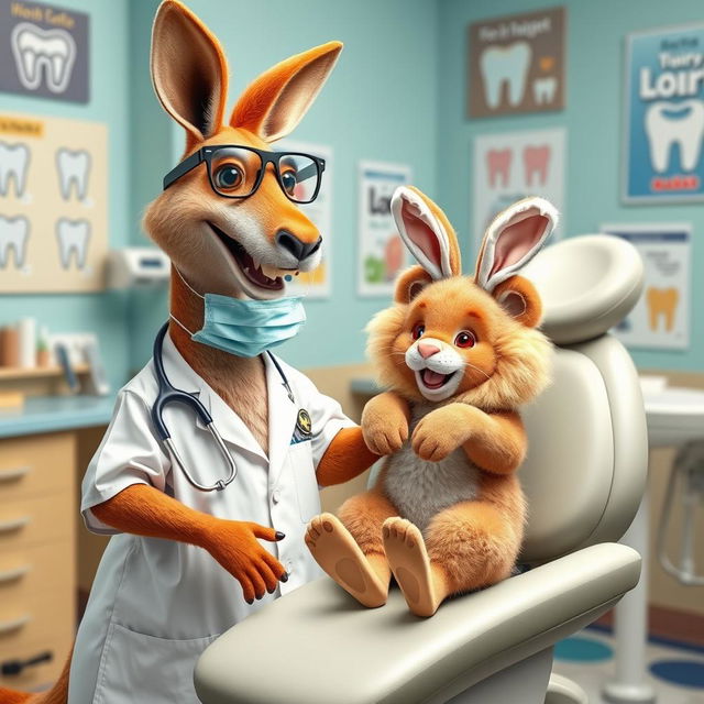 A kangaroo dressed as a dentist standing in a dental office, equipped with dental tools and a bright smile, interacting with a lion dressed as a rabbit sitting on the dental chair