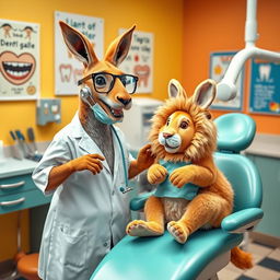 A kangaroo dressed as a dentist standing in a dental office, equipped with dental tools and a bright smile, interacting with a lion dressed as a rabbit sitting on the dental chair