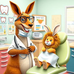 A kangaroo dressed as a dentist standing in a dental office, equipped with dental tools and a bright smile, interacting with a lion dressed as a rabbit sitting on the dental chair