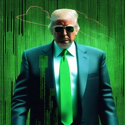 An exceptional quality, digital art image of Donald Trump in the style of an NFT, combining elements from The Matrix and a B2 pilot theme