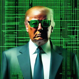 An exceptional quality, digital art image of Donald Trump in the style of an NFT, combining elements from The Matrix and a B2 pilot theme