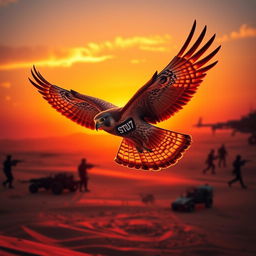 A majestic falcon soaring through the desert at sunset, its feathers illuminated by the warm hues of the setting sun