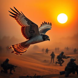 A majestic falcon soaring through the desert at sunset, its feathers illuminated by the warm hues of the setting sun