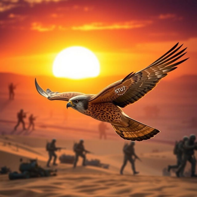 A majestic falcon soaring through the desert at sunset, its feathers illuminated by the warm hues of the setting sun