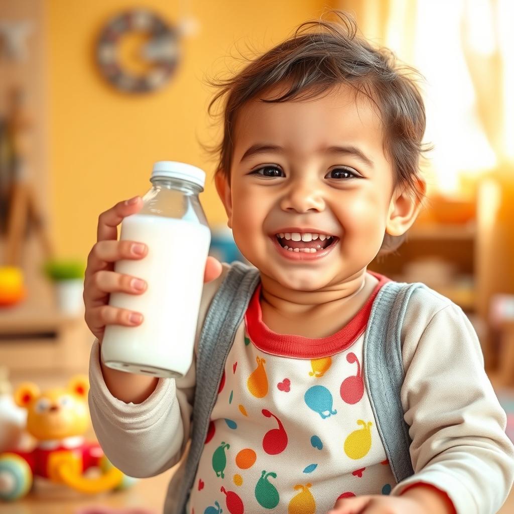 A young child joyfully holding a bottle of milk, with a sunny background that conveys a playful and happy atmosphere