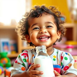 A young child joyfully holding a bottle of milk, with a sunny background that conveys a playful and happy atmosphere