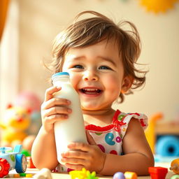 A young child joyfully holding a bottle of milk, with a sunny background that conveys a playful and happy atmosphere