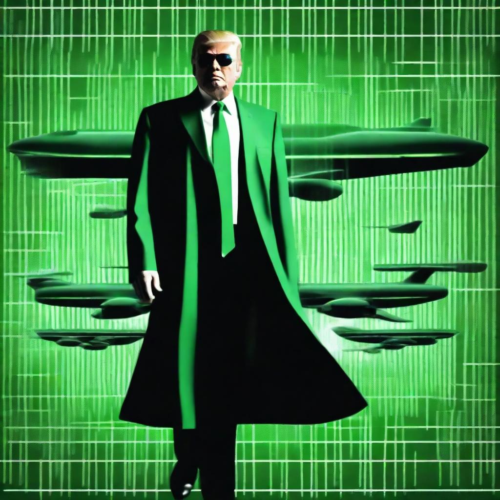 A high-quality, digital art image of Donald Trump in the style of an NFT, incorporating elements from The Matrix and a B52 plane theme