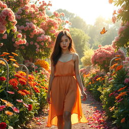 A scene depicting a young woman walking slowly through a large, vibrant garden filled with colorful flowers, blooming trees, and lush greenery