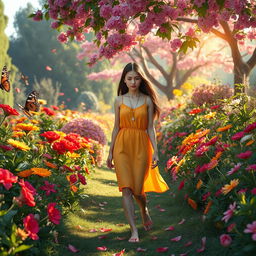 A scene depicting a young woman walking slowly through a large, vibrant garden filled with colorful flowers, blooming trees, and lush greenery