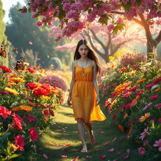 A scene depicting a young woman walking slowly through a large, vibrant garden filled with colorful flowers, blooming trees, and lush greenery