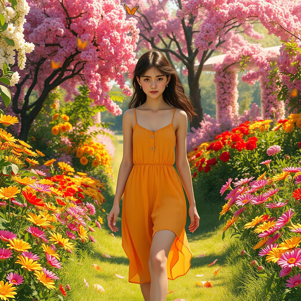 A scene depicting a young woman walking slowly through a large, vibrant garden filled with colorful flowers, blooming trees, and lush greenery