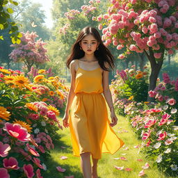A scene depicting a young woman walking slowly through a large, vibrant garden filled with colorful flowers, blooming trees, and lush greenery
