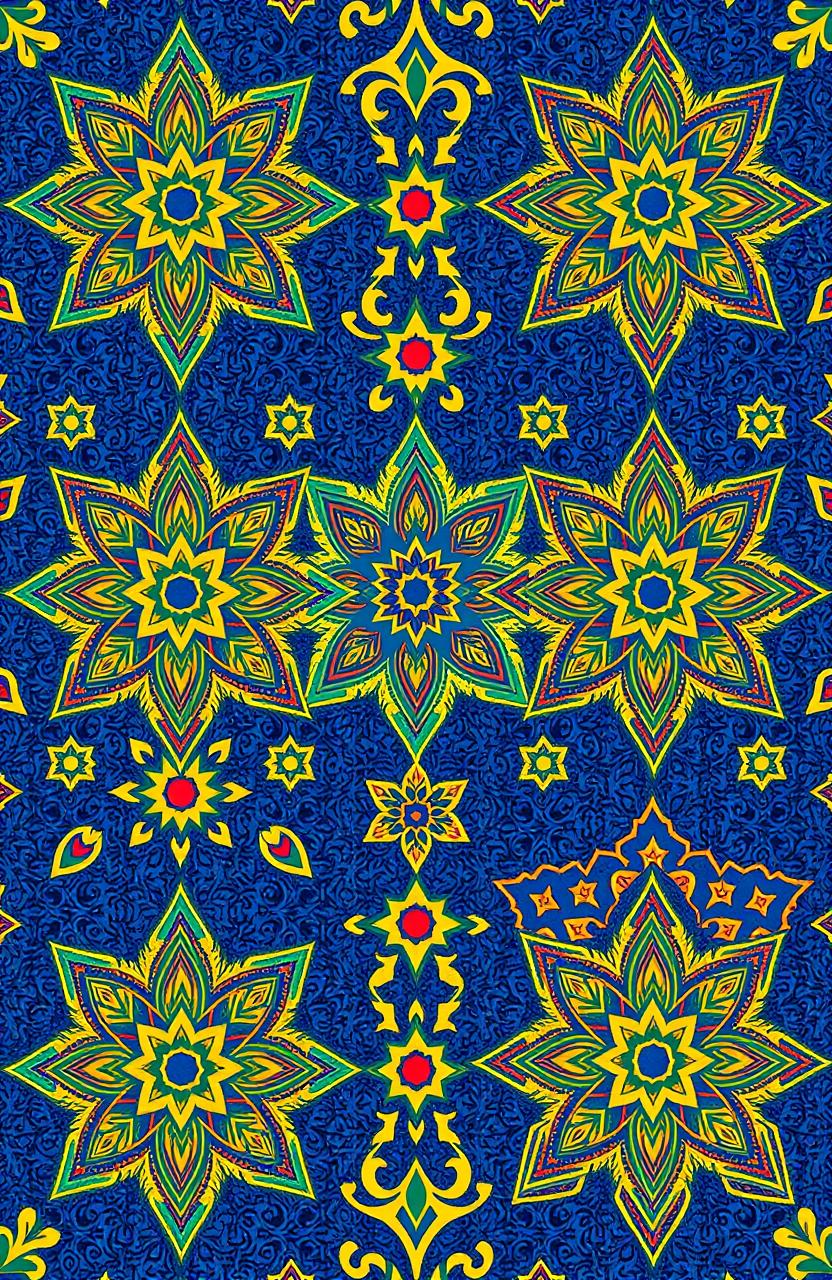 Intricate Islamic geometric patterns featuring vibrant colors and detailed designs