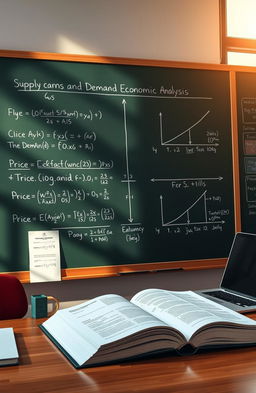 An illustration of a complex microeconomic analysis equation on a chalkboard, featuring various graphs and charts, representing supply and demand curves, consumer preferences, and price elasticity
