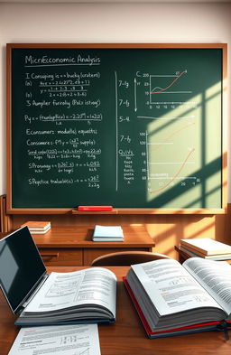 An illustration of a complex microeconomic analysis equation on a chalkboard, featuring various graphs and charts, representing supply and demand curves, consumer preferences, and price elasticity