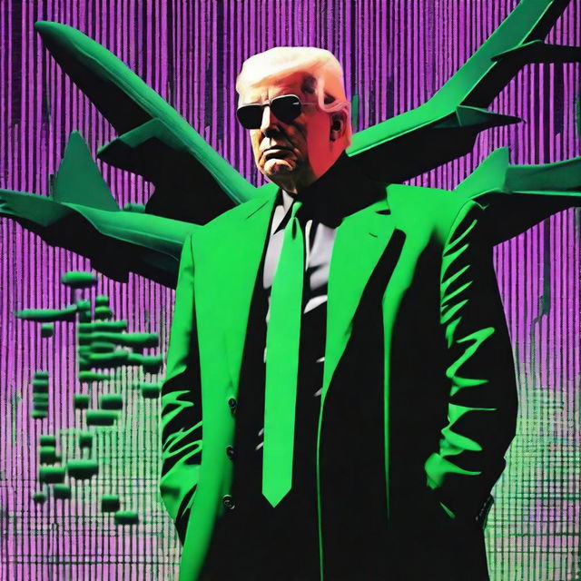 A high-quality, digital art image of Donald Trump in the style of an NFT, incorporating elements from The Matrix and a B52 plane theme