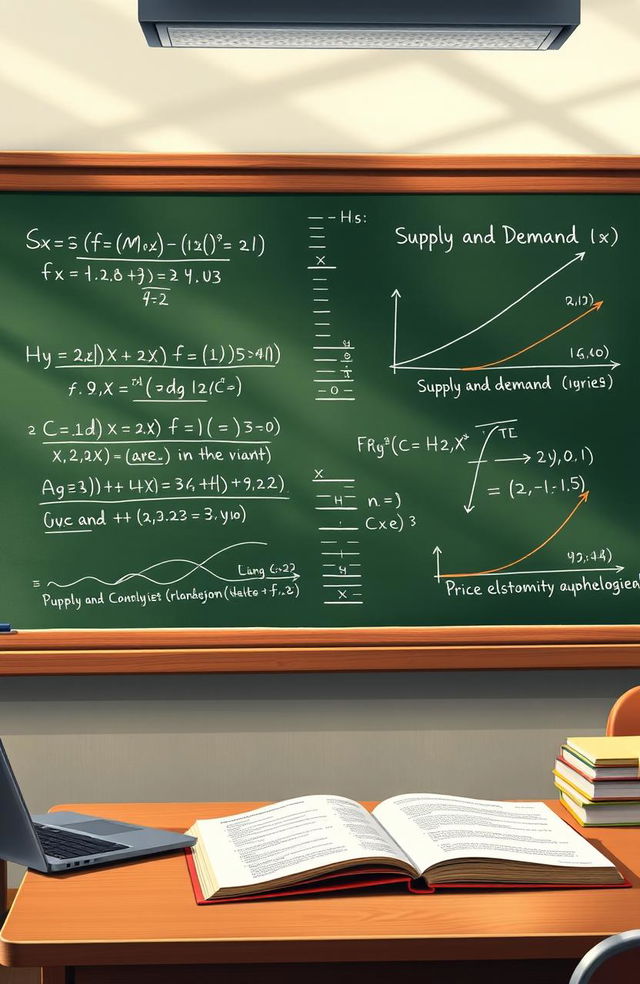 An illustration of a complex microeconomic analysis equation on a chalkboard, featuring various graphs and charts, representing supply and demand curves, consumer preferences, and price elasticity