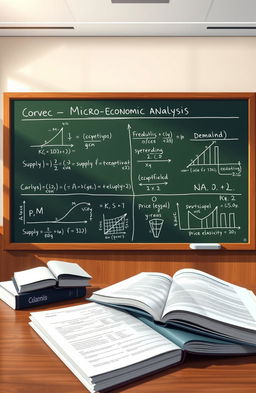 An illustration of a complex microeconomic analysis equation on a chalkboard, featuring various graphs and charts, representing supply and demand curves, consumer preferences, and price elasticity