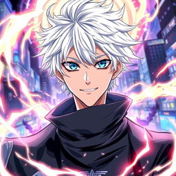 A dynamic portrait of Gojo Satoru from Jujutsu Kaisen, featuring his distinctive white hair styled in a messy yet cool manner, wearing a black high-collared jacket