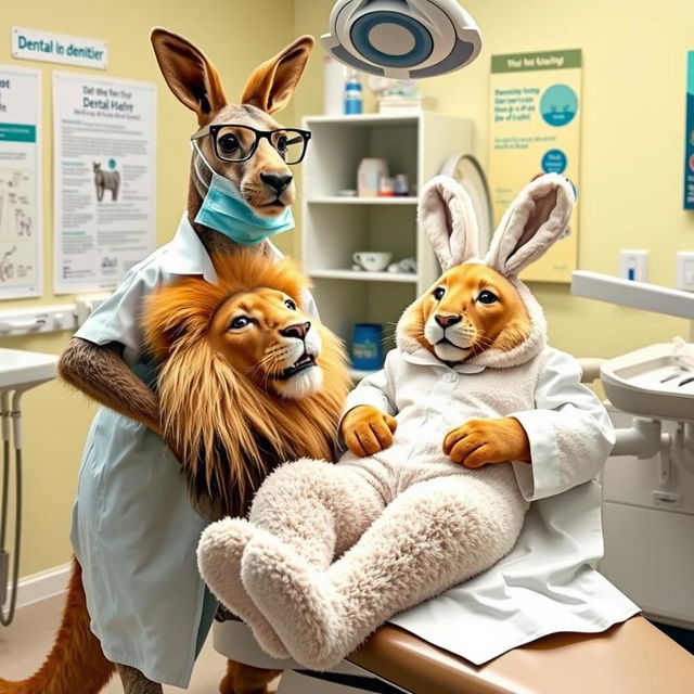 A kangaroo dressed as a dentist in its dental office, proudly standing by a dental chair where a lion is lying down, fully dressed in a fluffy rabbit costume