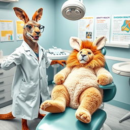 A kangaroo dressed as a dentist in its dental office, proudly standing by a dental chair where a lion is lying down, fully dressed in a fluffy rabbit costume