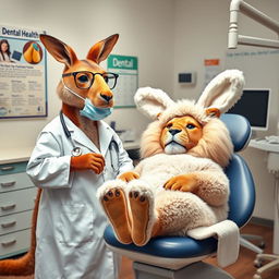 A kangaroo dressed as a dentist in its dental office, proudly standing by a dental chair where a lion is lying down, fully dressed in a fluffy rabbit costume